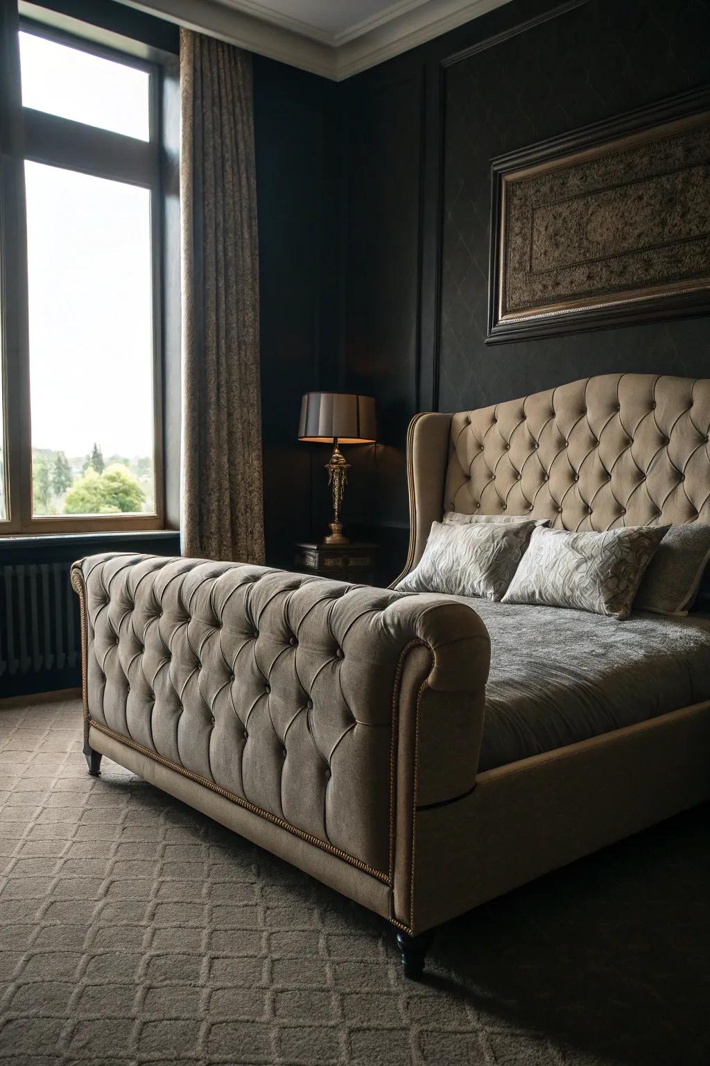 A space showcasing a button-tufted couch and graceful bedframe.