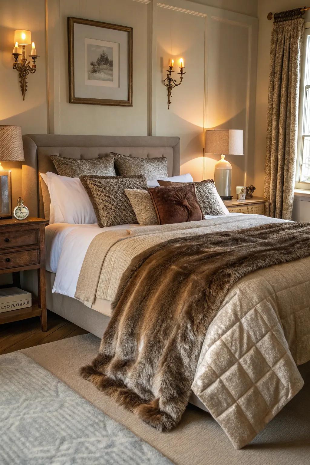 Layered textures such as faux fur and silk create depth and invite comfort.