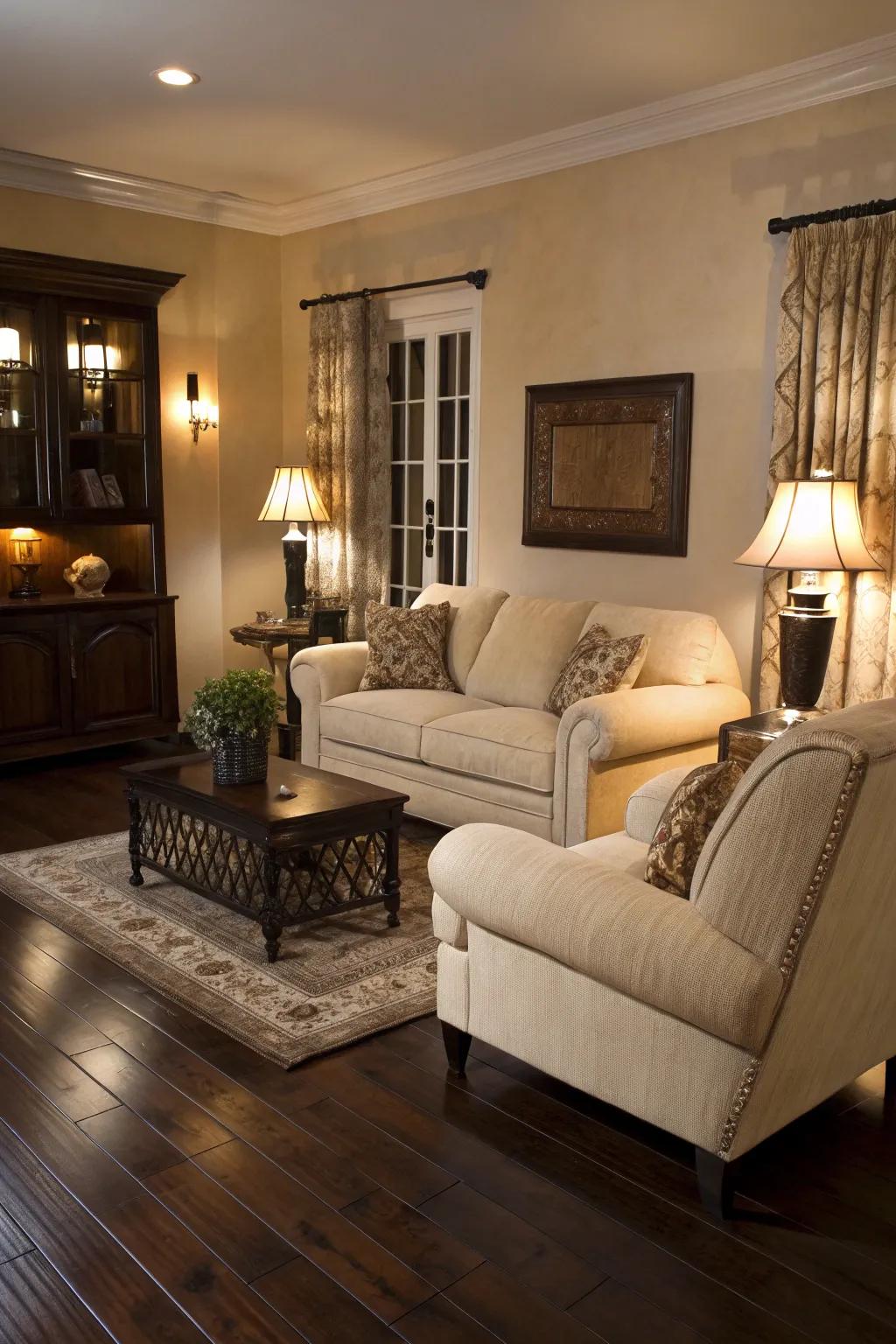 Pale furnishings create a beautiful contrast with the <strong>dark wood floors</strong>.&rdquo; loading=&rdquo;lazy&rdquo; class=&rdquo;pimg&rdquo;>
	</picture><figcaption>Pale furnishings create a beautiful contrast with the <strong>dark wood floors</strong>.</figcaption></figure>
<p>Pale furnishings can help offset the deeper tones of the floors. Vanilla or sand-colored sofas can deliver a gentle contrast, lightening the area.</p>
<h3>May just do the trick:</h3>
<ul class=