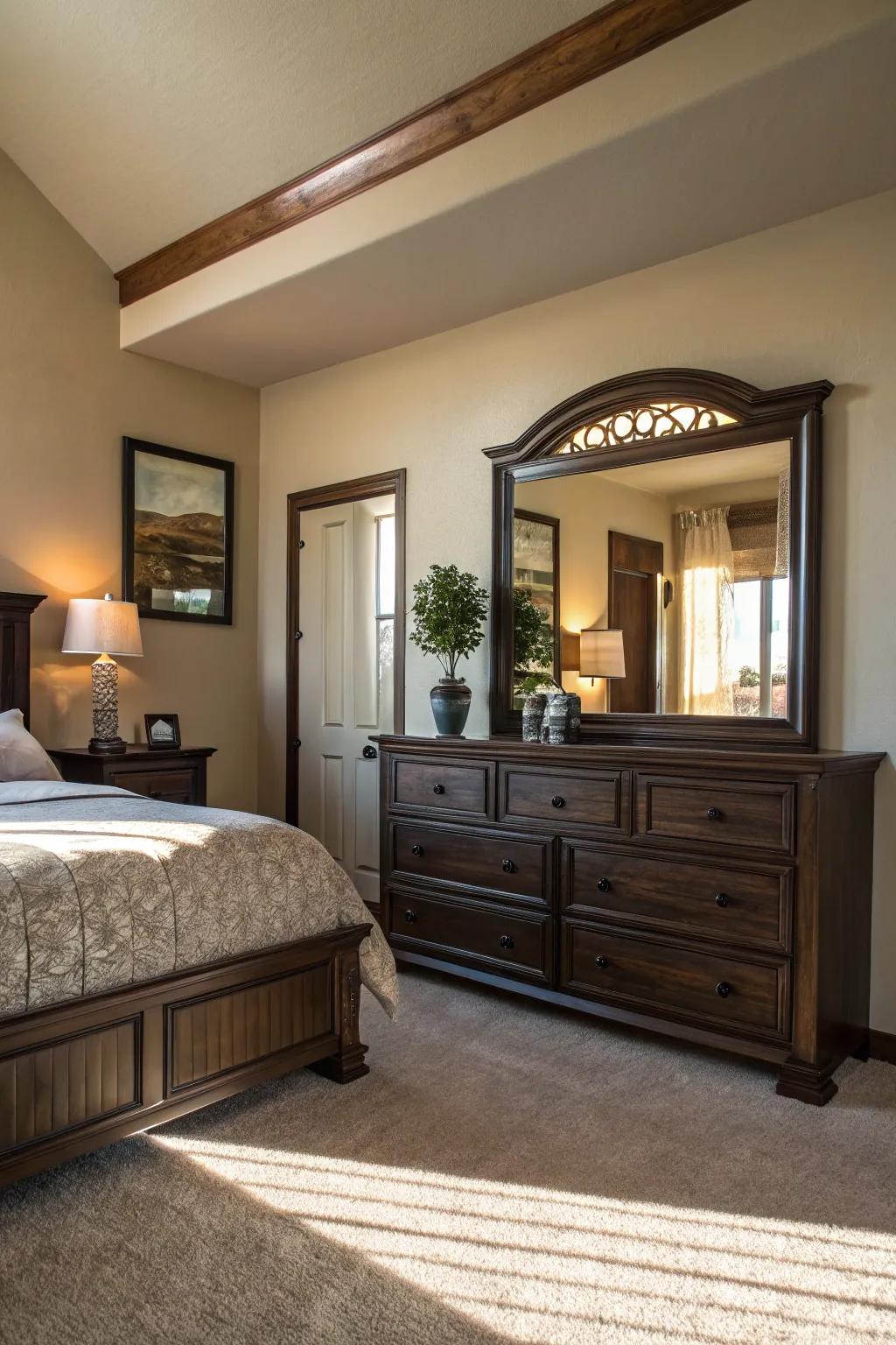 Mirrors enhance luminosity and spatial perception in rooms featuring dark wood.