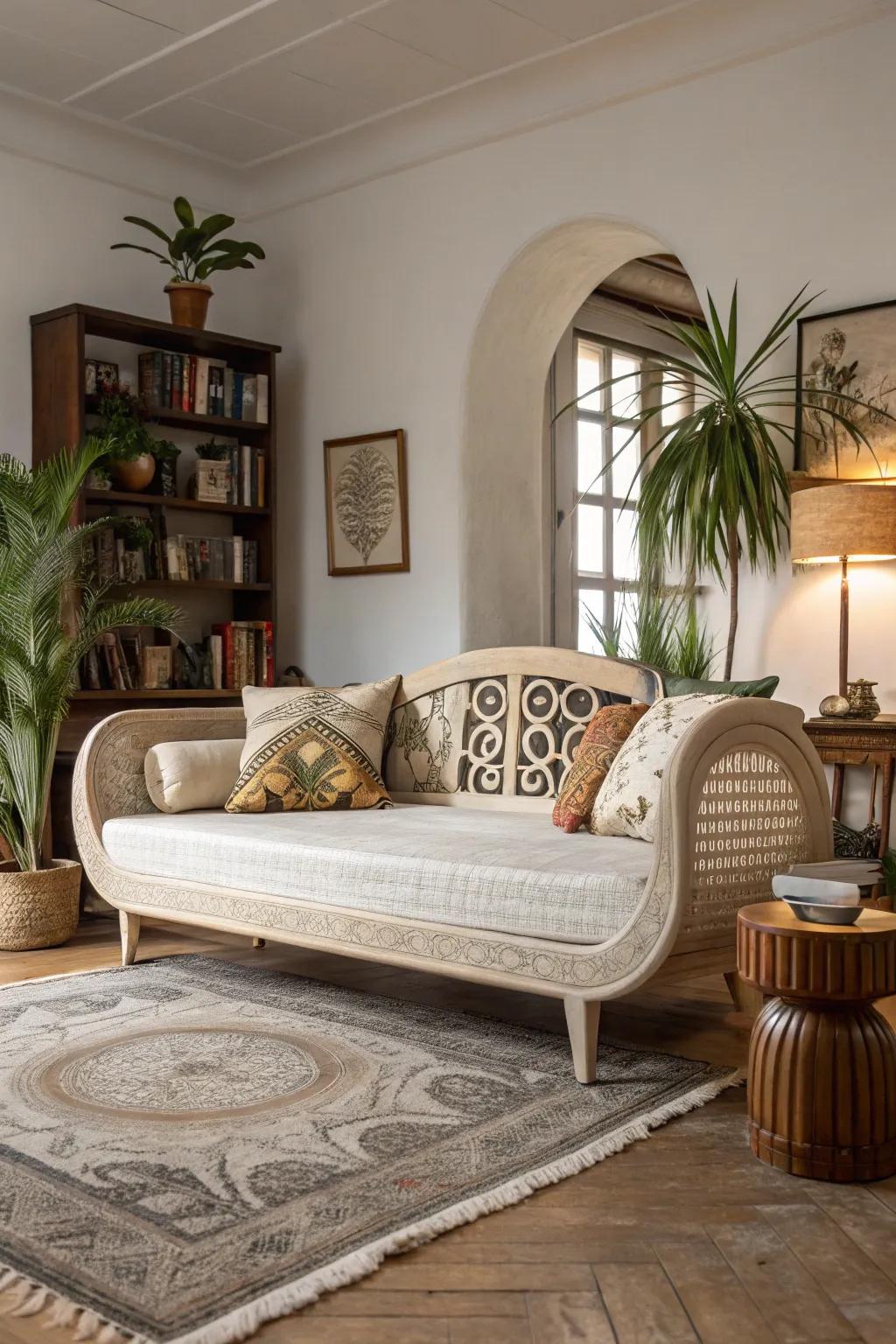 A sculptural daybed imparts artistic flair to the room.