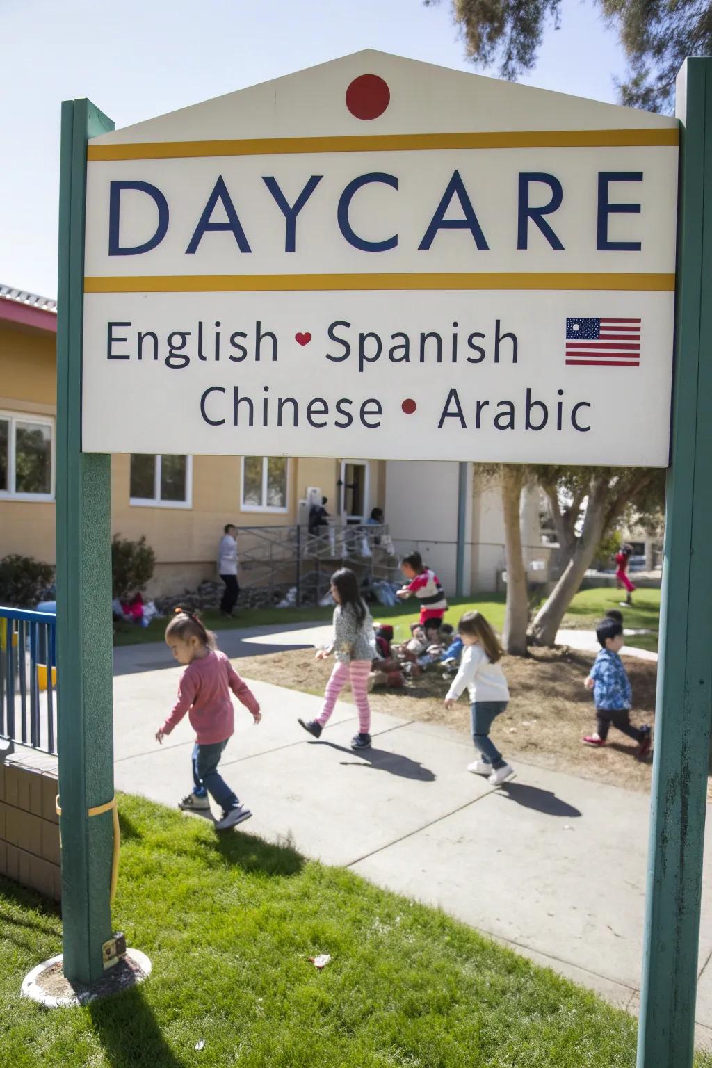 Markers in multiple languages warmly embrace families of assorted backgrounds at the daycare.