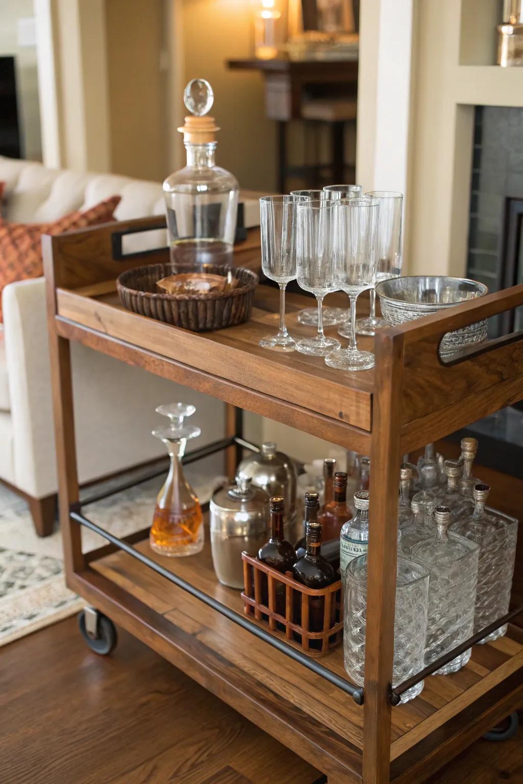 A chic home bar highlighted by elegant carafes.