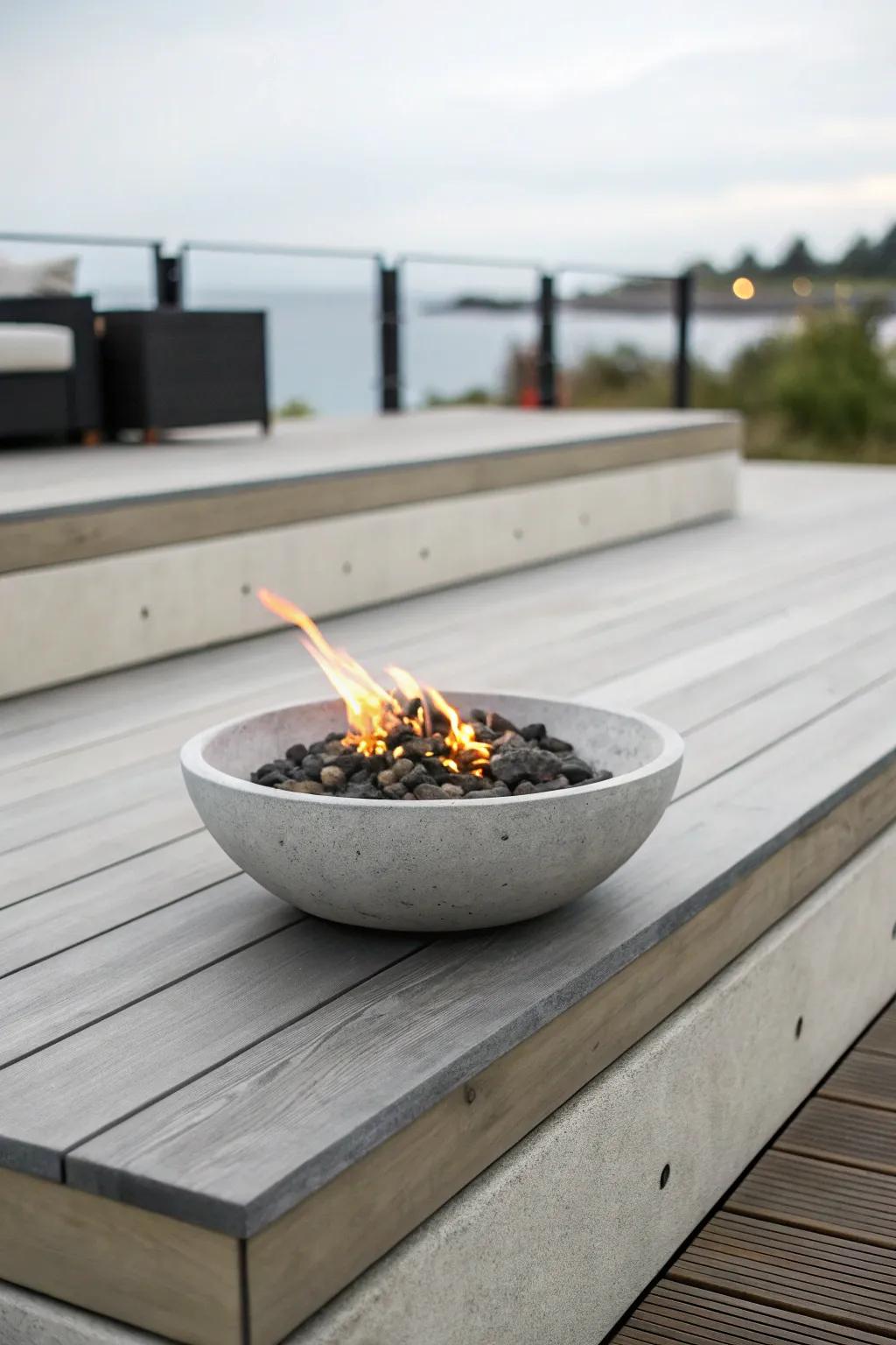 For a minimalist aesthetic, choose a sleek concrete fire bowl for your patio.