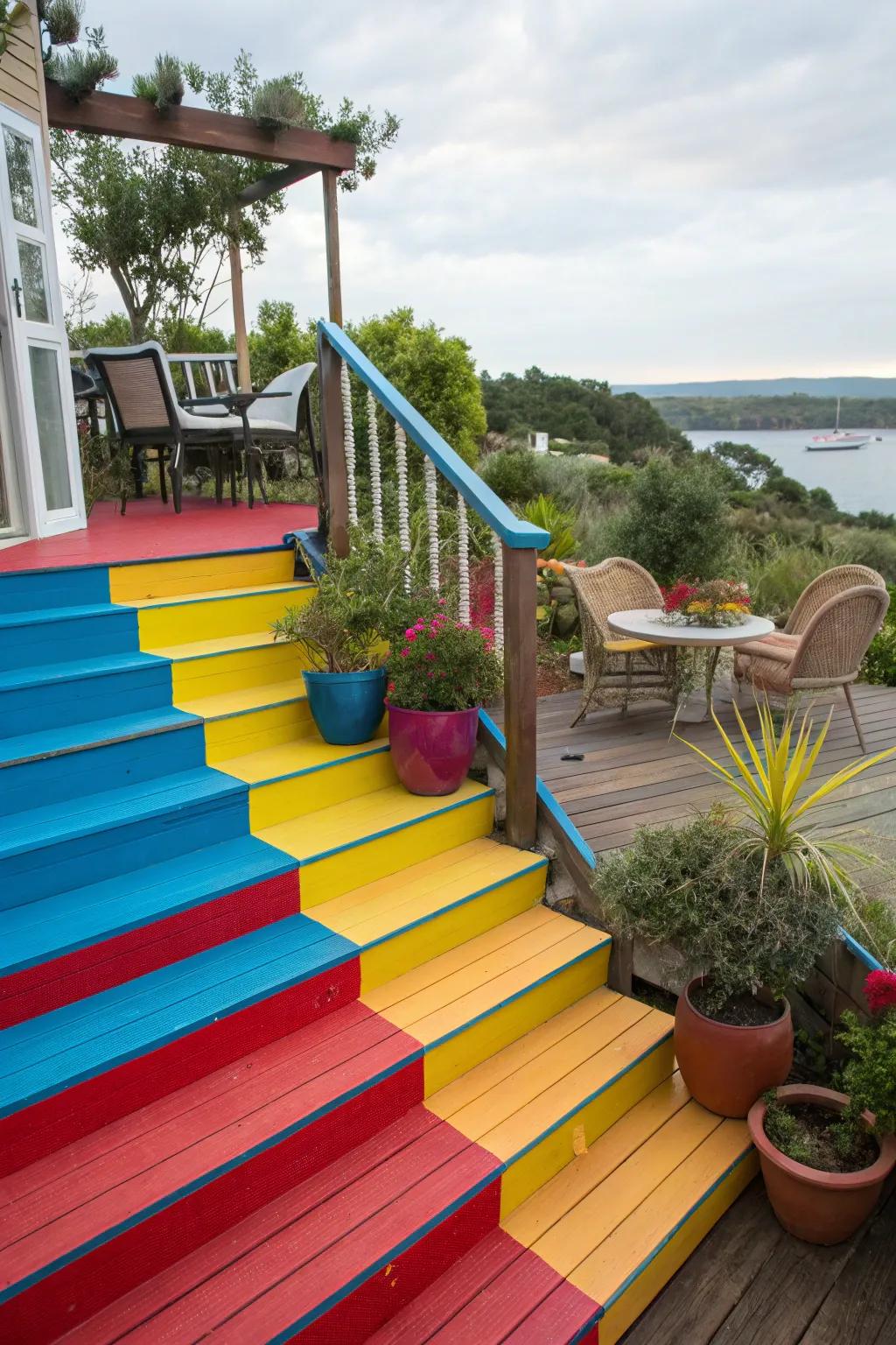 Deck steps featuring striking colors for a lively design