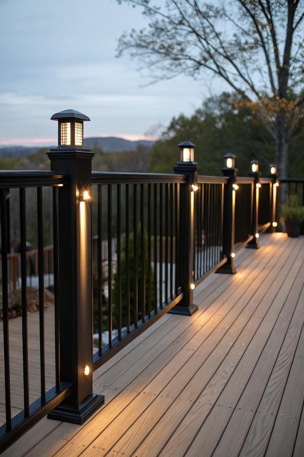 Black railings with integrated lighting create a cozy and safe evening atmosphere.