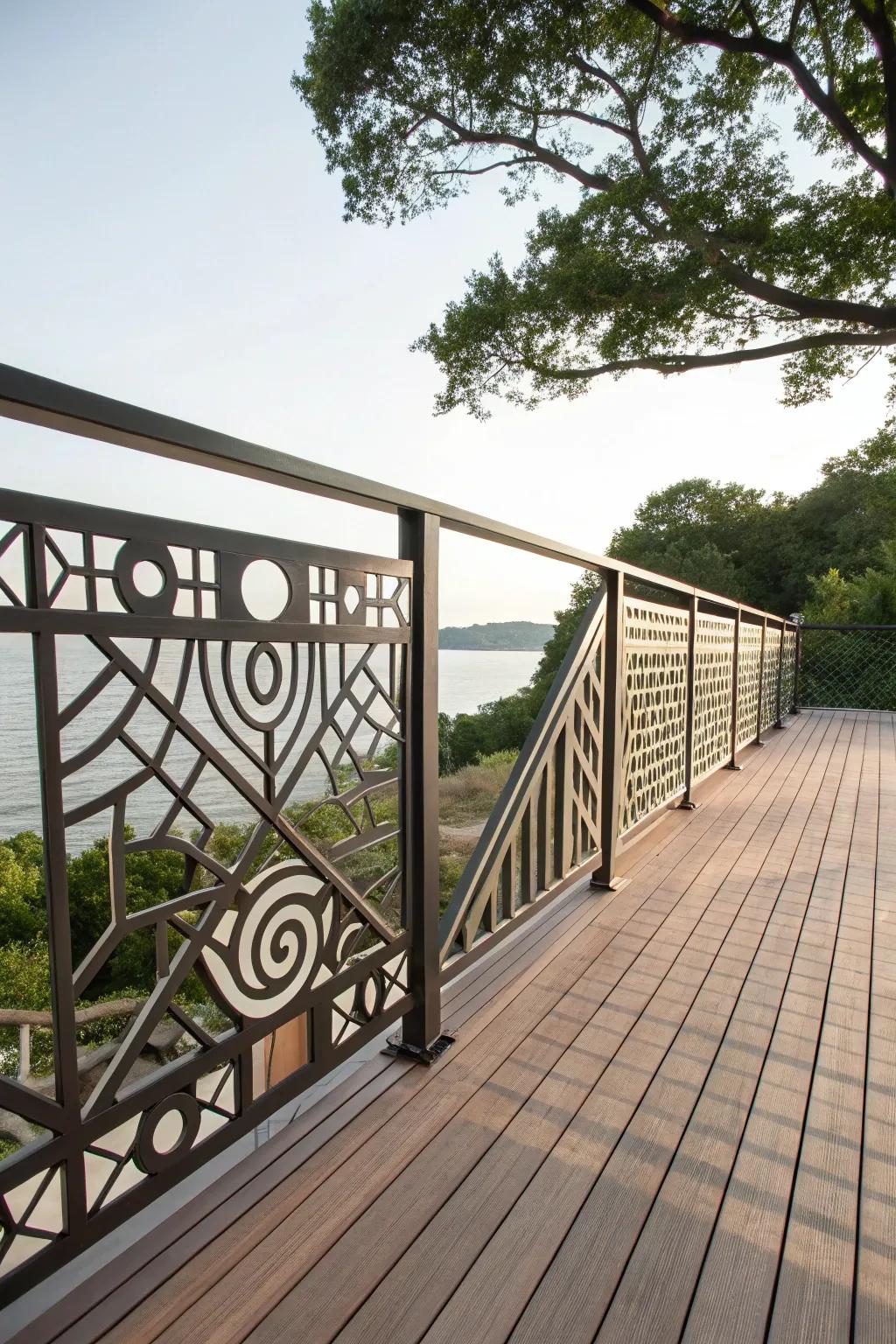 A creative deck showcasing geometric balustrade designs, adding an artistic flair.