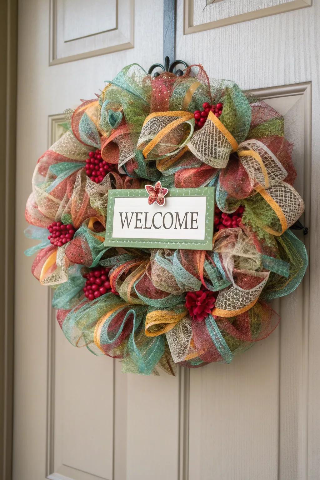 A welcoming sign adds a personal touch to this festive fall wreath.