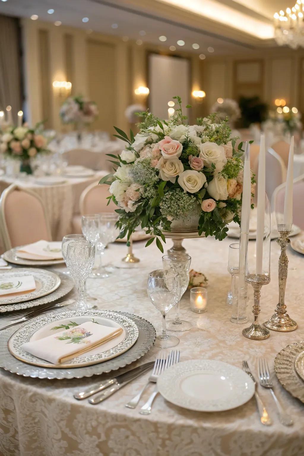 A beautifully set table with detailed centerpieces at a wedding.