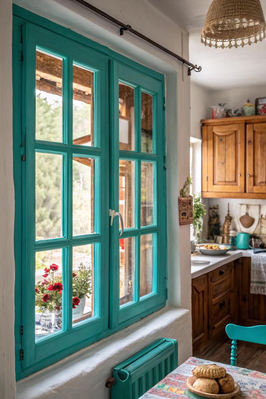 Bright teal window frames add a lively burst of color.