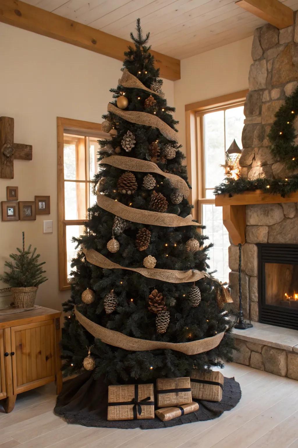 A dark Christmas fir with rustic organic elements.