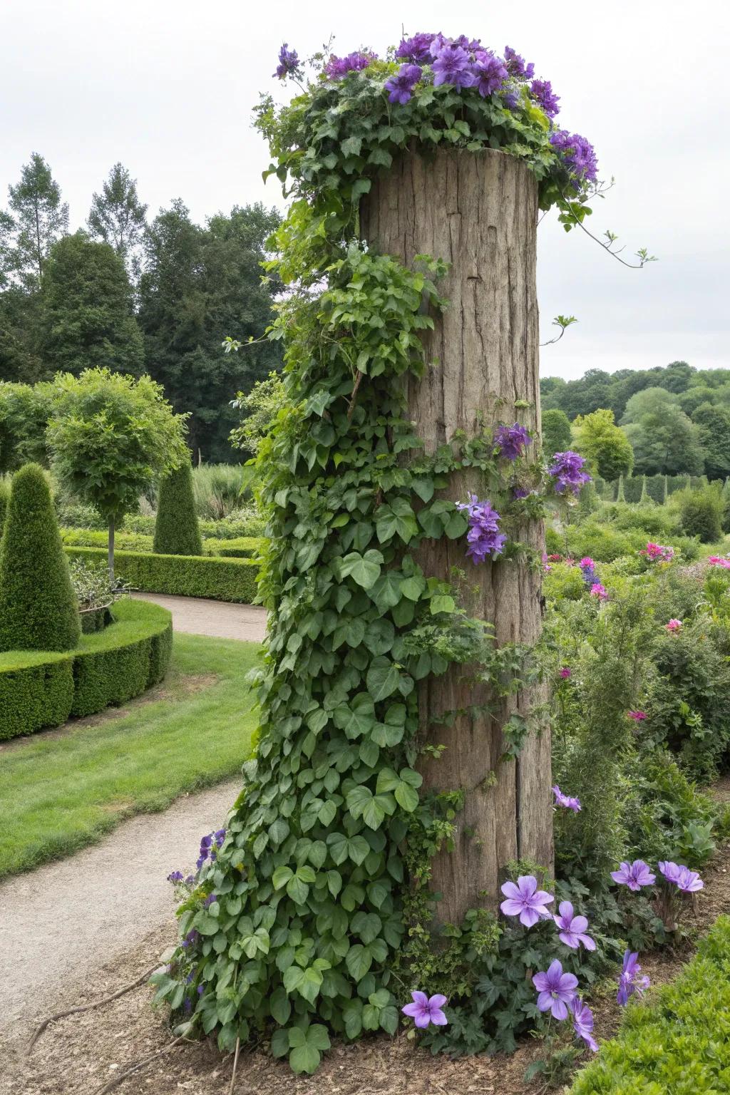 Fashion a vertical sanctuary with climbing plants adorning a tree stump.
