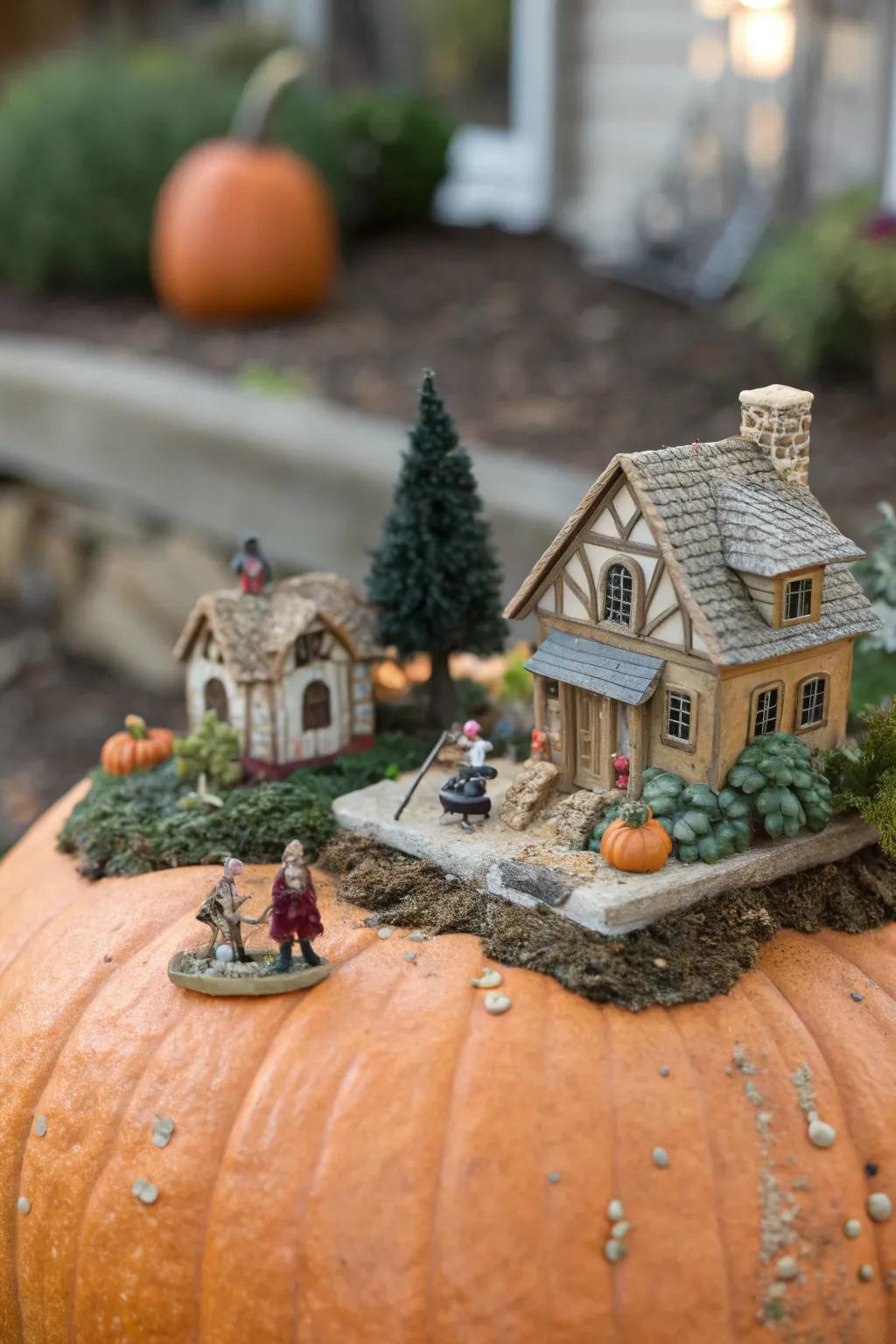 Fashion a whimsical miniature panorama atop your pumpkin, culminating in an unparalleled centerpiece.