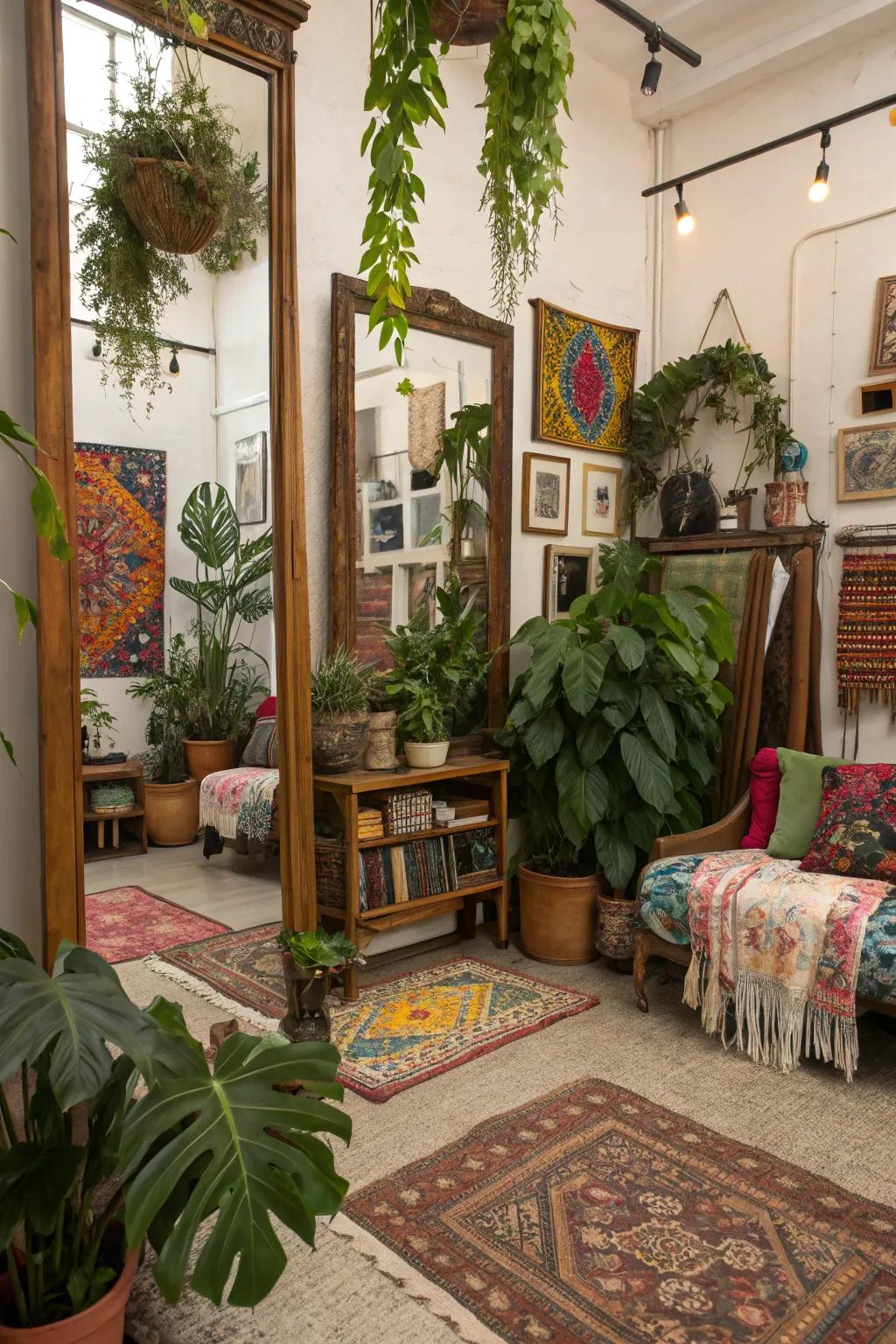Mirror, plants, and diverse decor elements evoke a bohemian atmosphere.