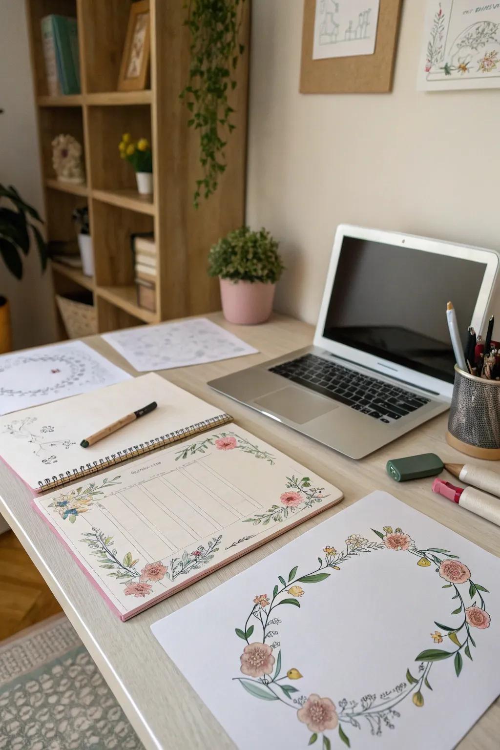 Visualize a home office desk adorned with papers framed by delicate floral border drawings, adding a subtle sophistication.