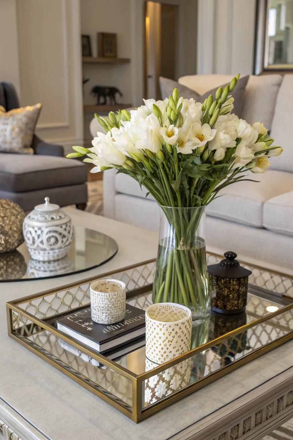 A flower container adding height and color to a coffee table display.