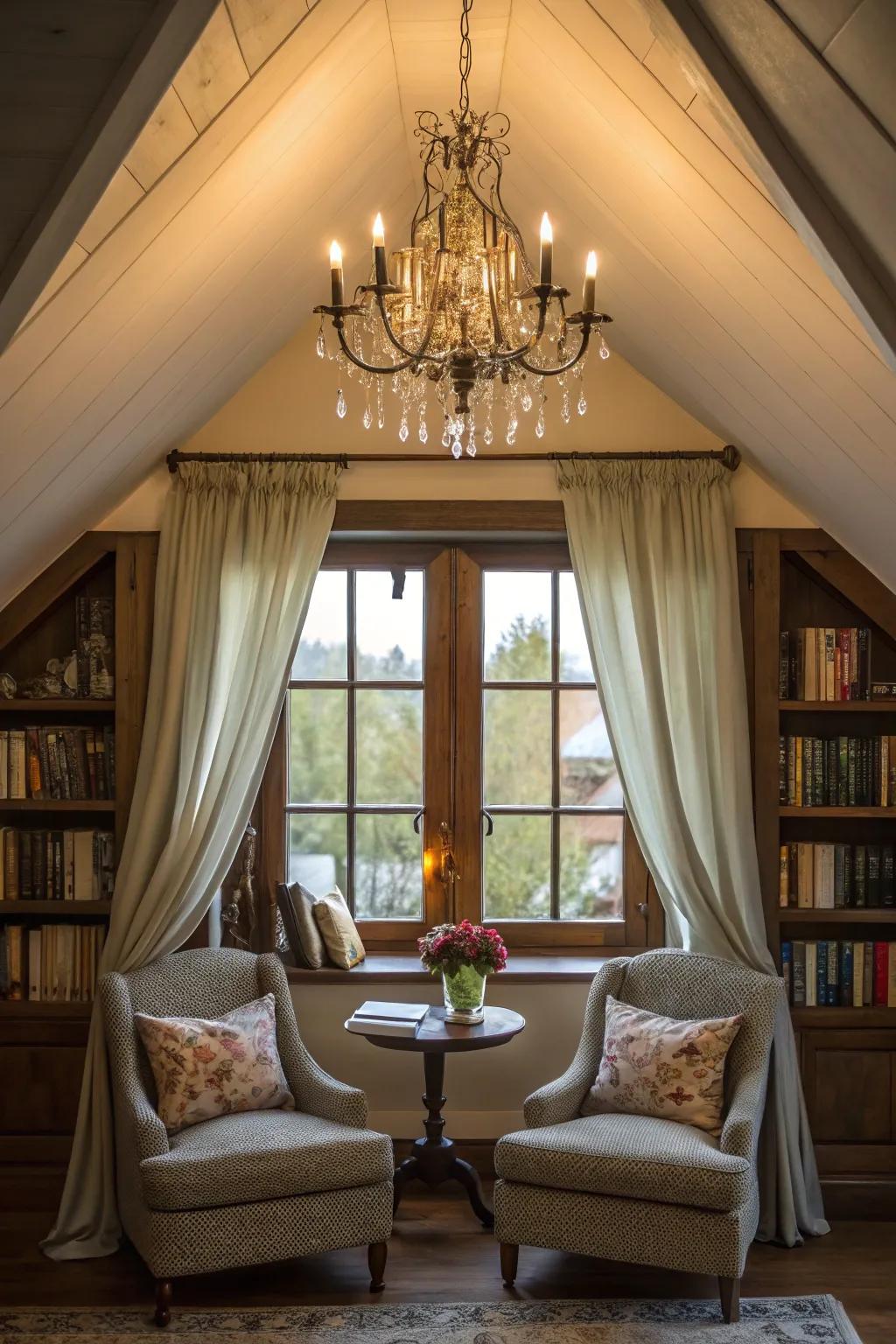 A chandelier introduces a touch of elegance to the dormer.