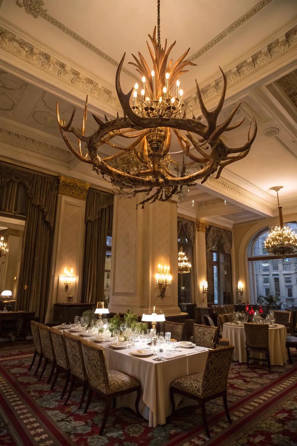 A magnificent cascade crafted from deer antlers becomes the centerpiece in an opulent dining area.