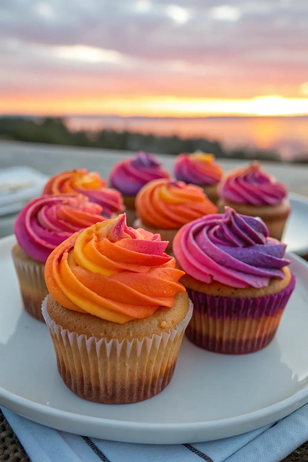Pastries highlighted with sundown-hued frosting in gradations of tangerine, rose, and amethyst.