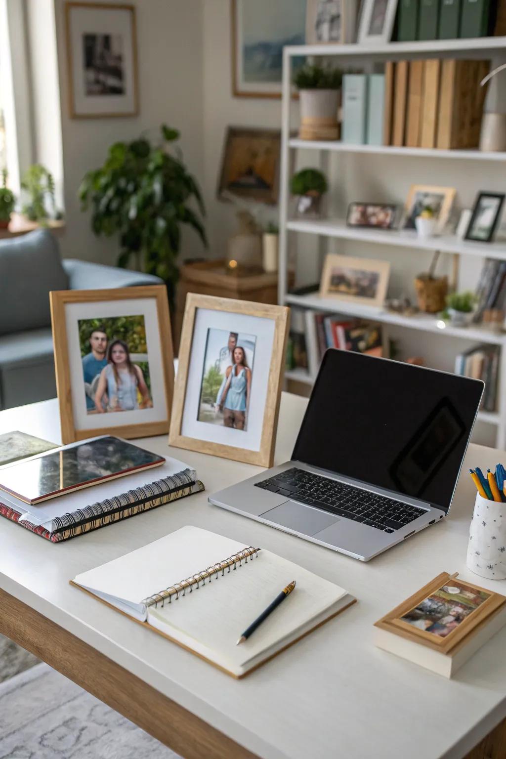 Personal photos add a sense of warmth and personality to the desk.