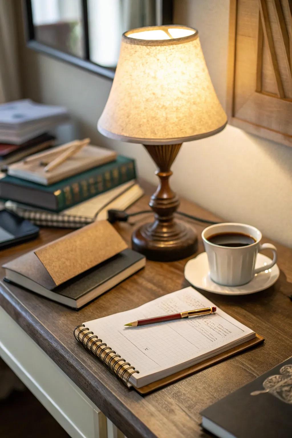 Warm illumination crafts a comfortable and inviting desk atmosphere.