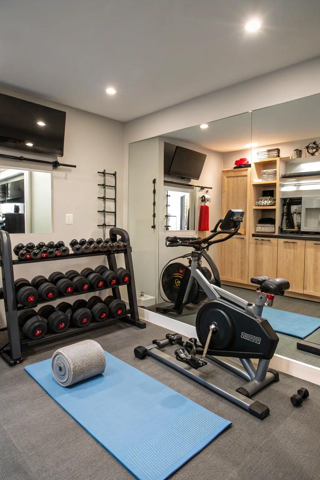 A home gym equipped with different equipment selections for a diverse workout.
