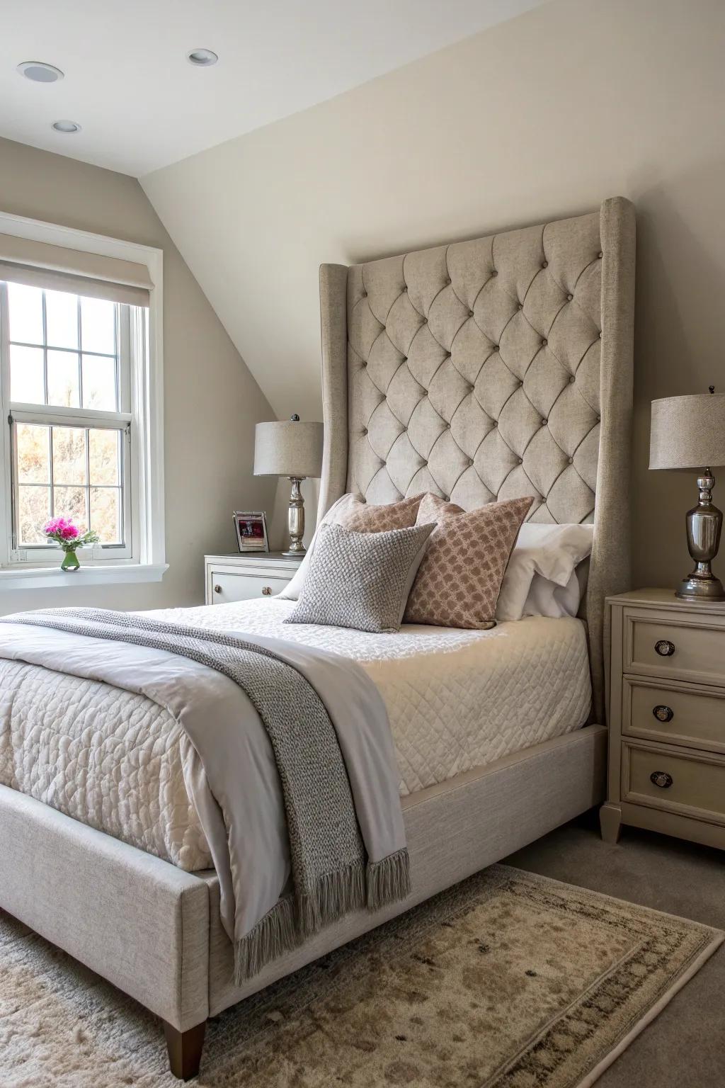 A high headboard introduces elegance and height to a diagonal bed.