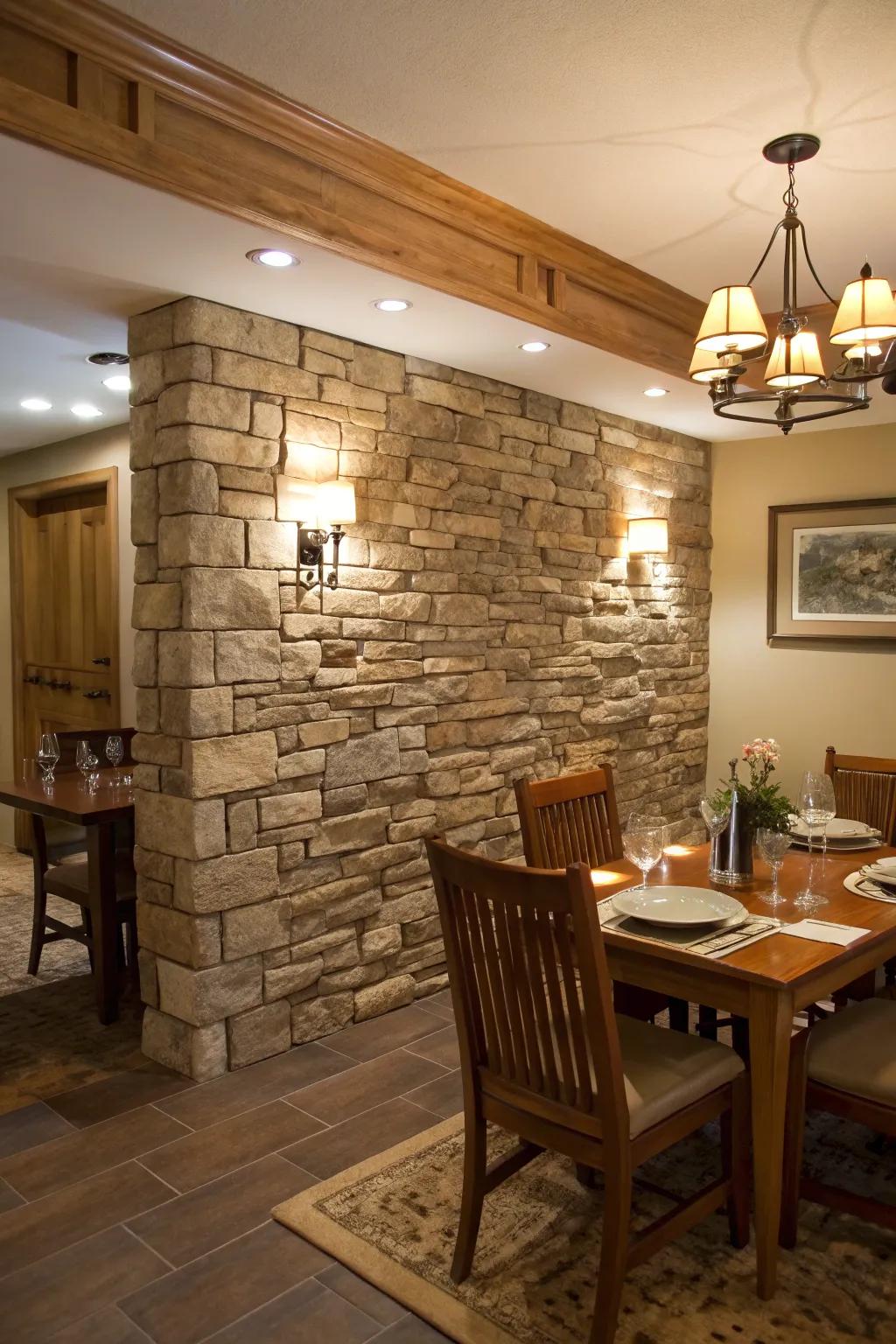 Stone veneer introduces a rustic, tactile charm to your dining space.
