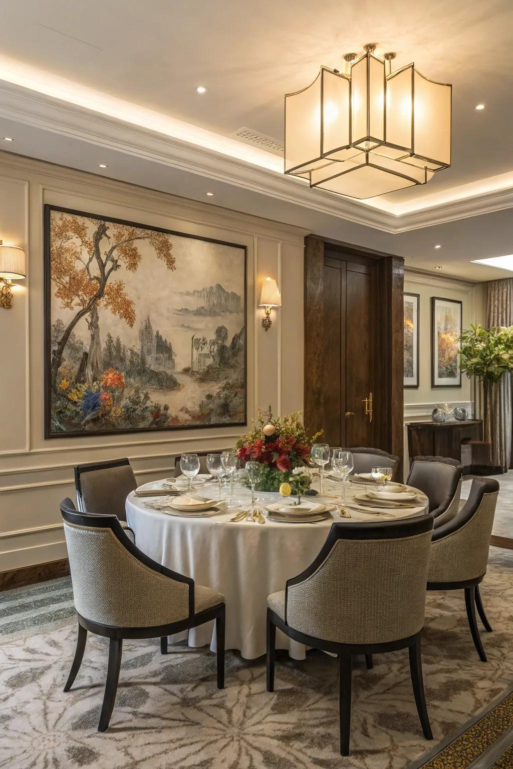 Striking art injects personality and emphasis into the dining room.
