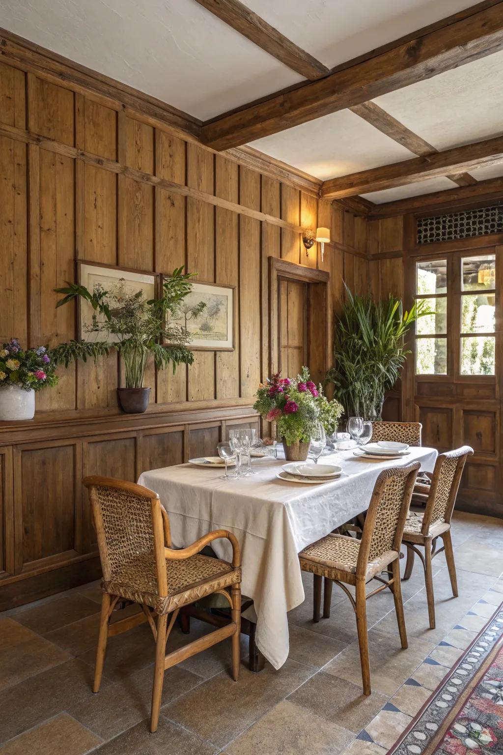 Rustic wooden wainscoting creates a warm, inviting atmosphere in this dining room.