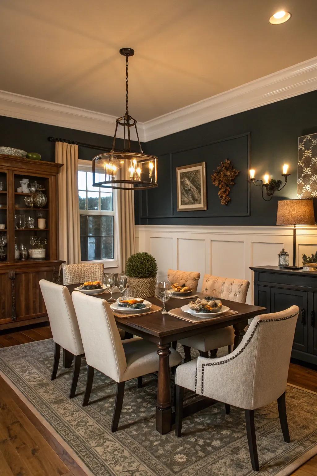 Dark paint over the chair rail sets an intimate dining ambiance.
