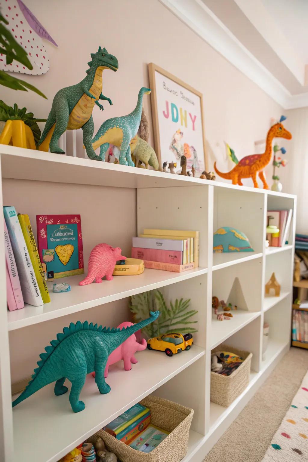 Dinosaur toys and figures adding a playful and inviting charm to the space.