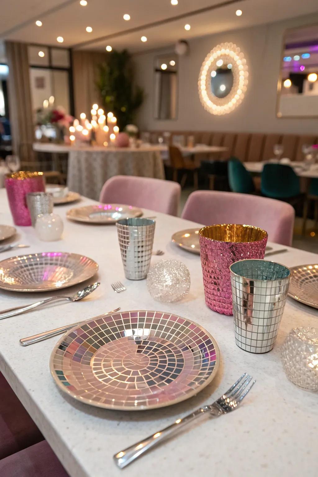 Disco-themed tableware adds sparkle to the party decor.