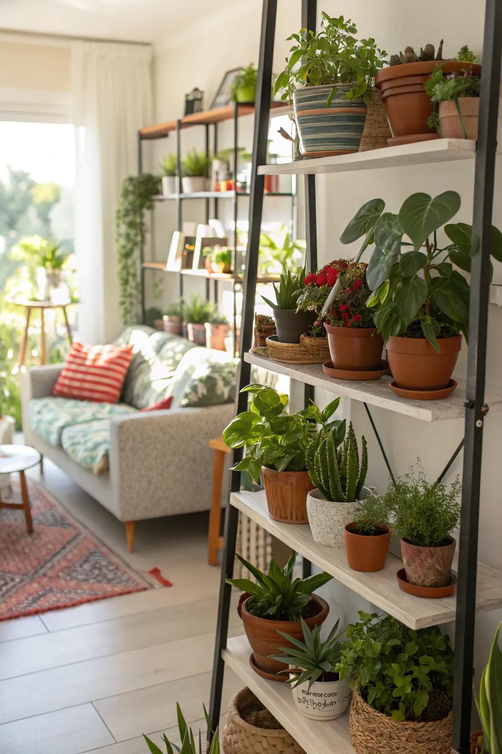 Shelves with greenery bring nature indoors.