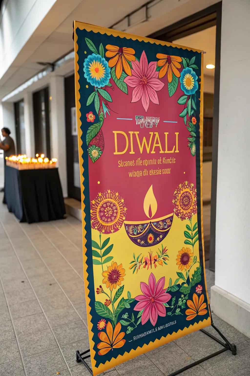 A lively Diwali poster featuring botanical celebration and vibrant hues.