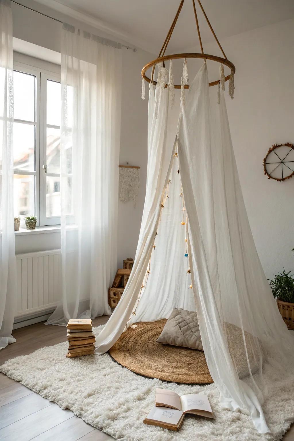 Produce your personal fanciful getaway with this refined drape and needlework ring tent&mdash;ideal for a serene reading area.