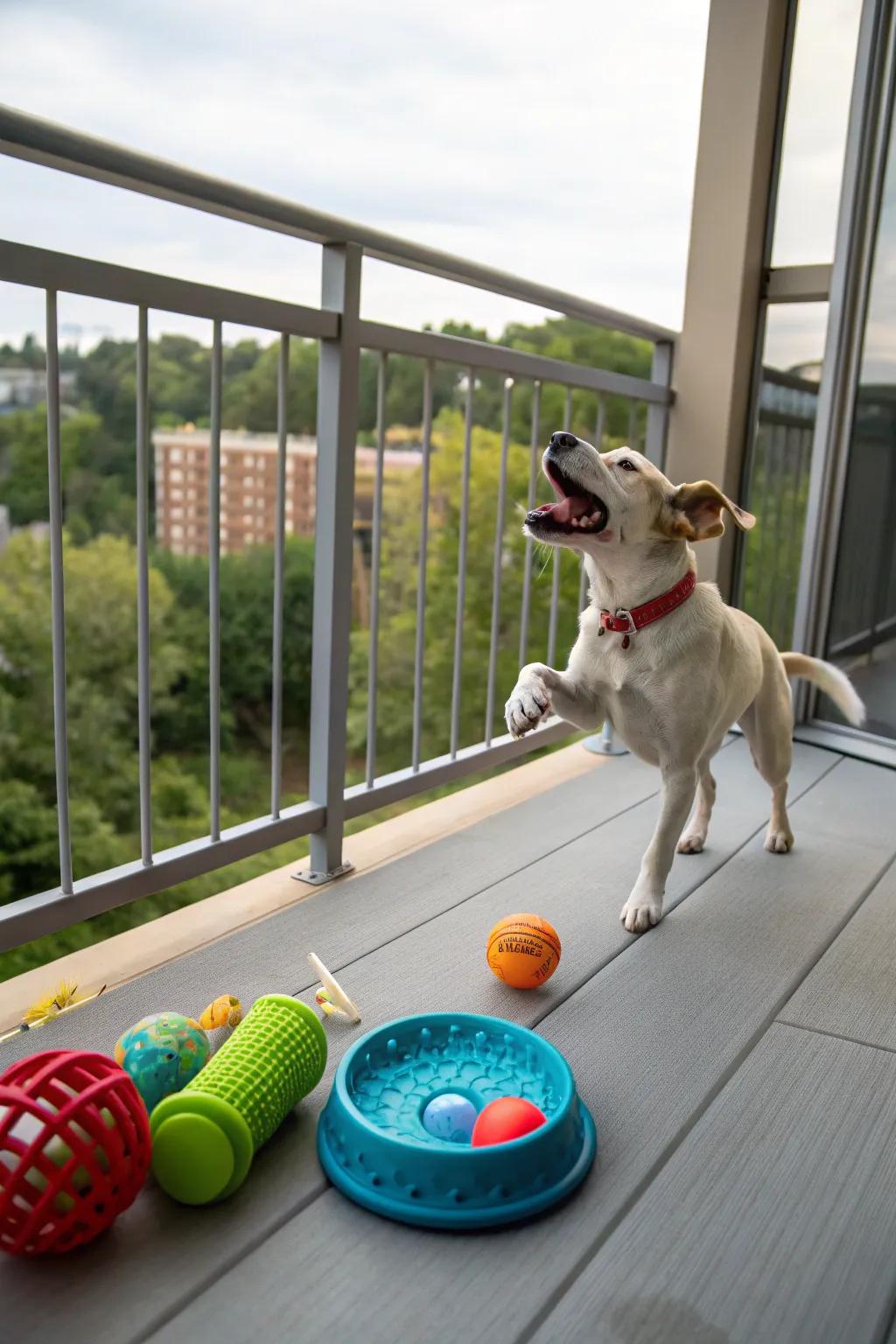 Playthings and gnawing treats keep dogs delighted on the balcony.