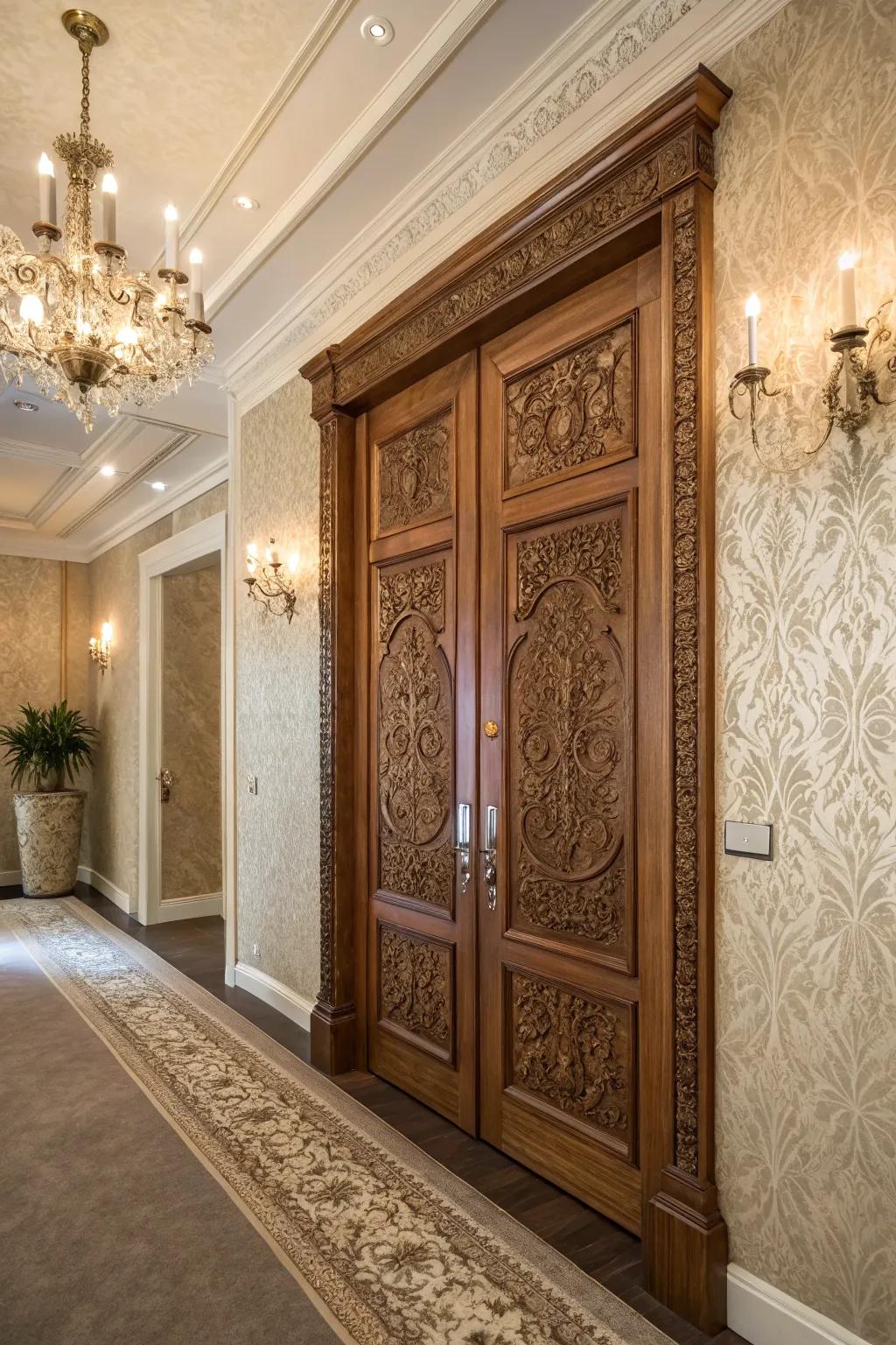 Artistic sophistication with elaborate etched panels.