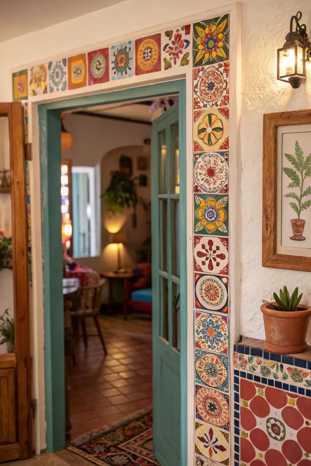 Tile trim introduces a unique and artistic element to this bohemian space.
