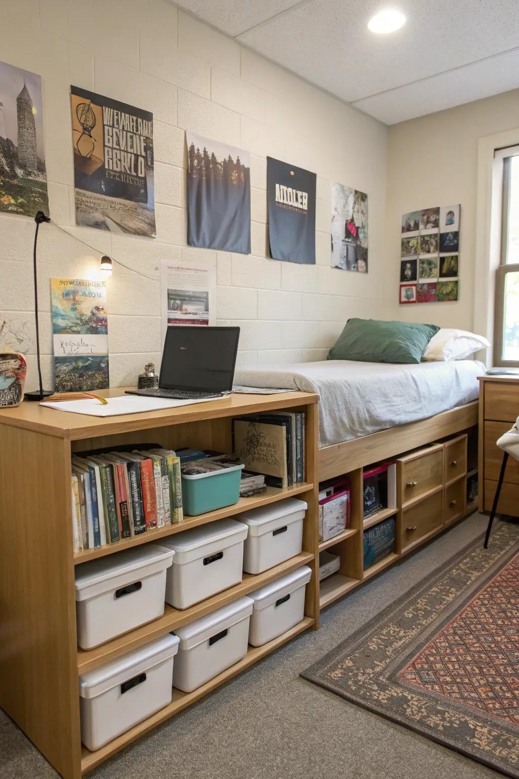 Smart storage ideas help keep your dorm room tidy.