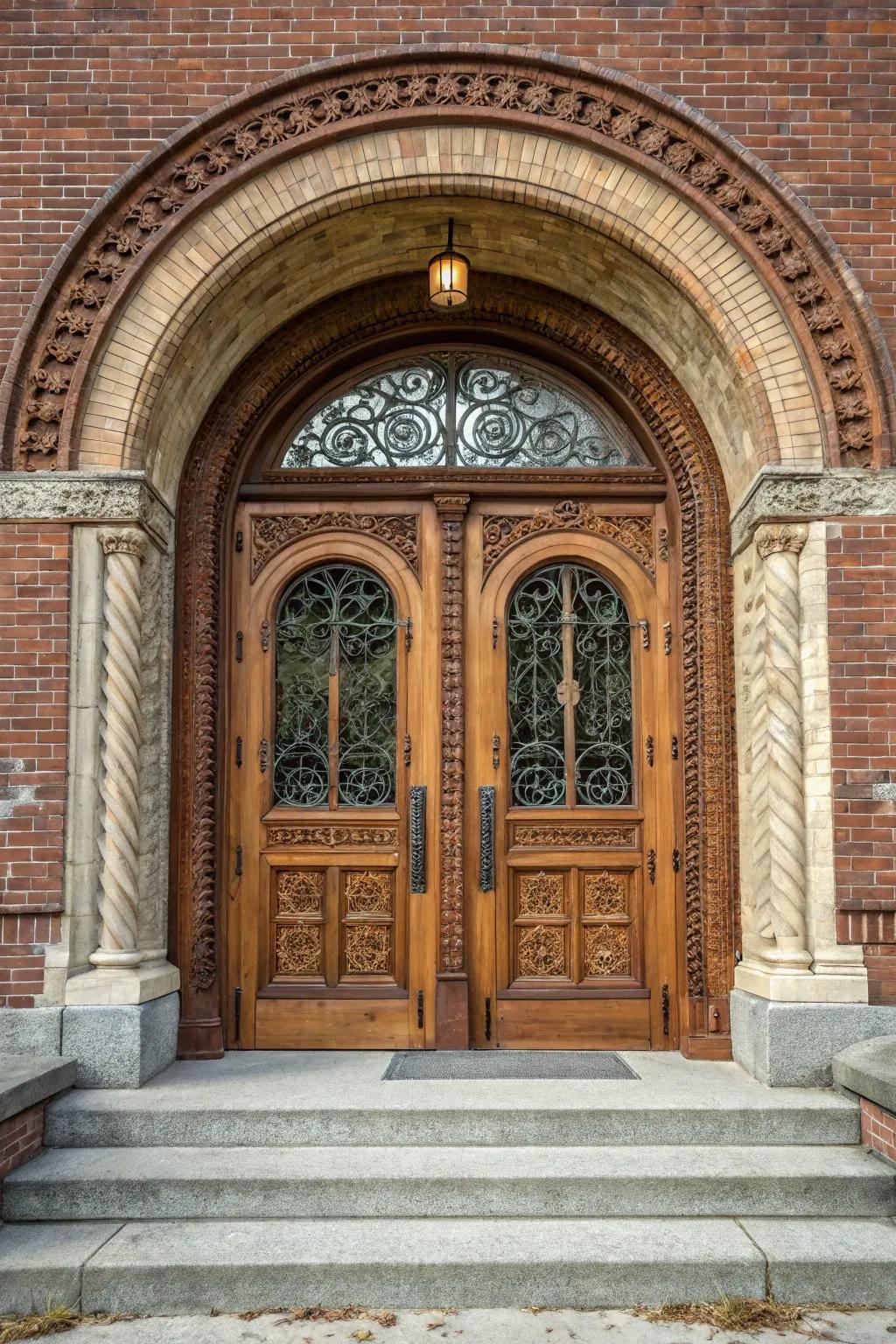Majestic arched doors that enhance the entryway with grandeur.