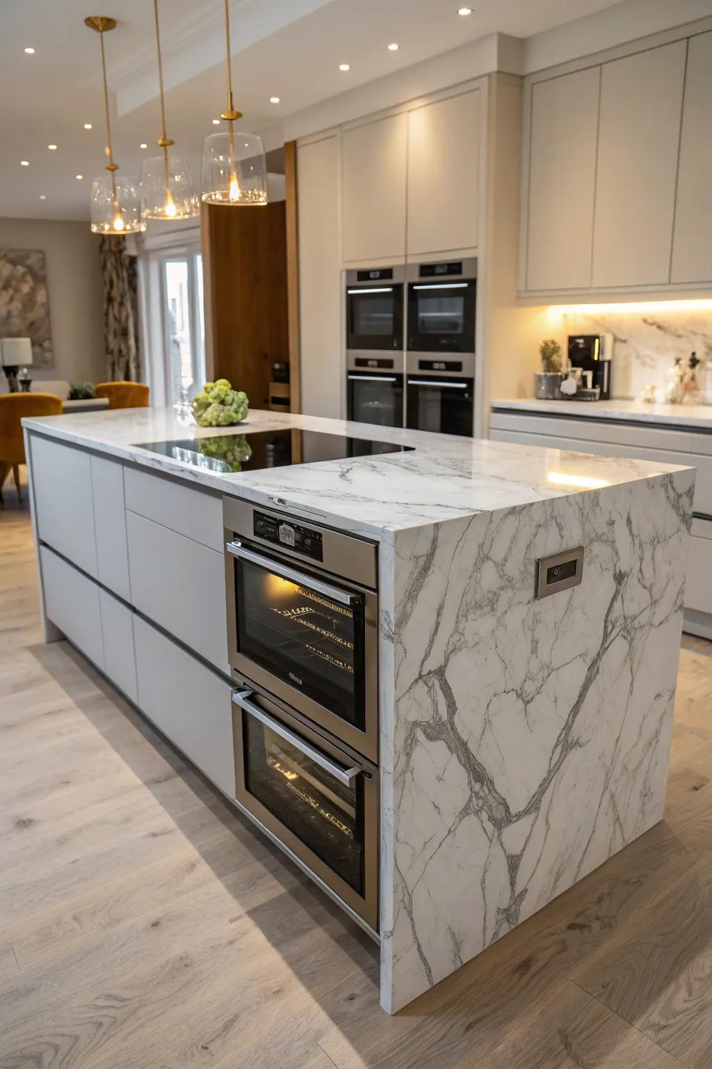 A kitchen island featuring a double oven, effectively establishing it as the vibrant nucleus of all culinary pursuits.