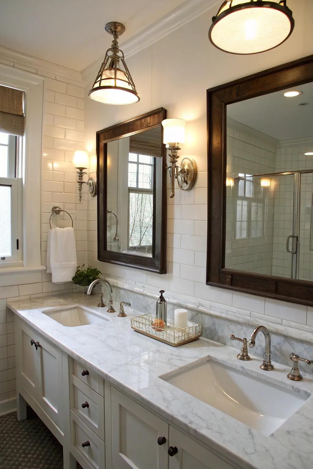 Stylish wall lights and hanging lights illuminate the double sinks beautifully.
