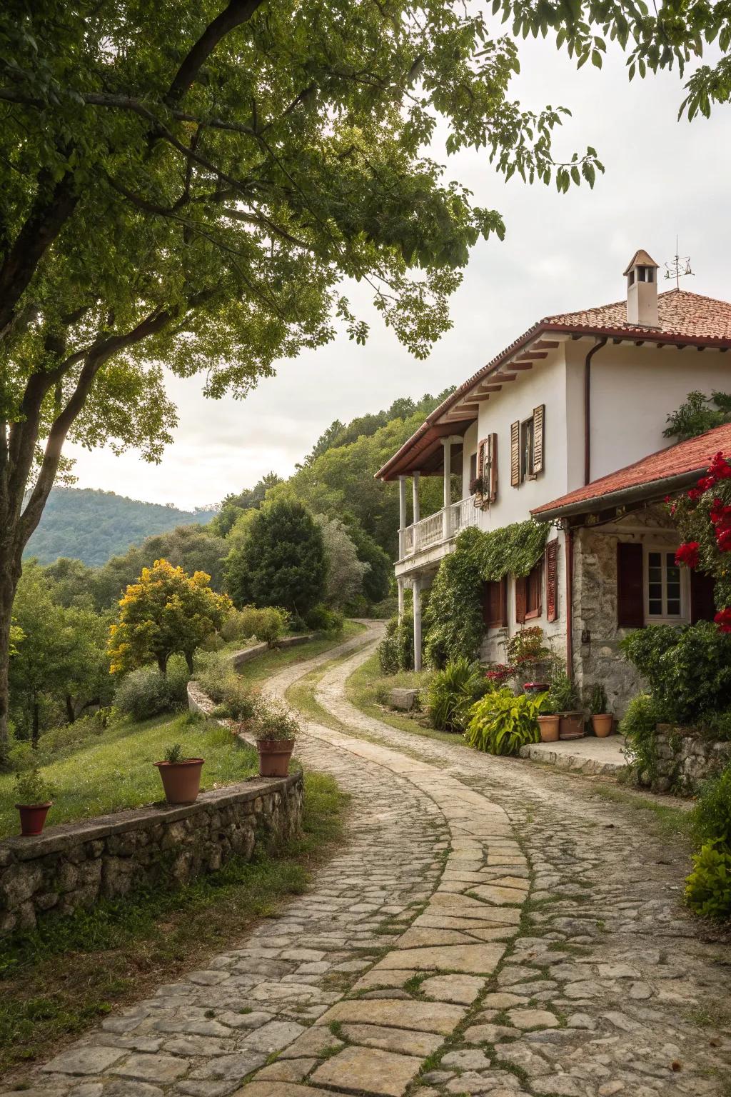 A country-style stone driveway with an enduring visual.