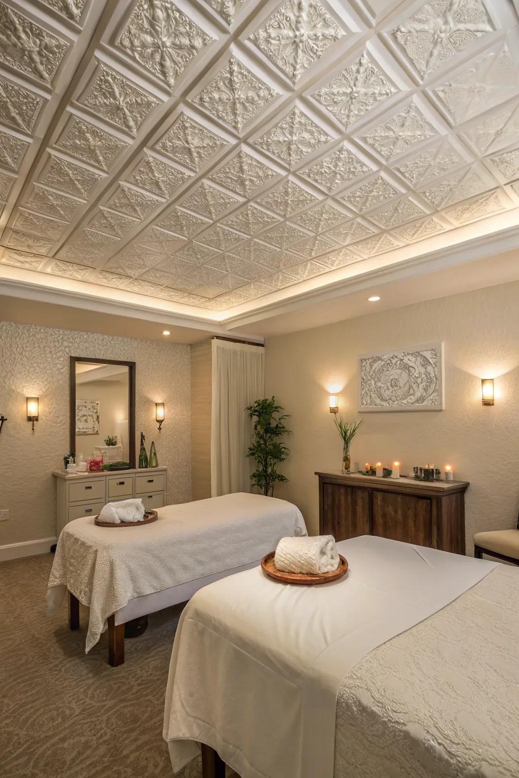 Construct a serene environment utilizing natural textured ceiling panels.