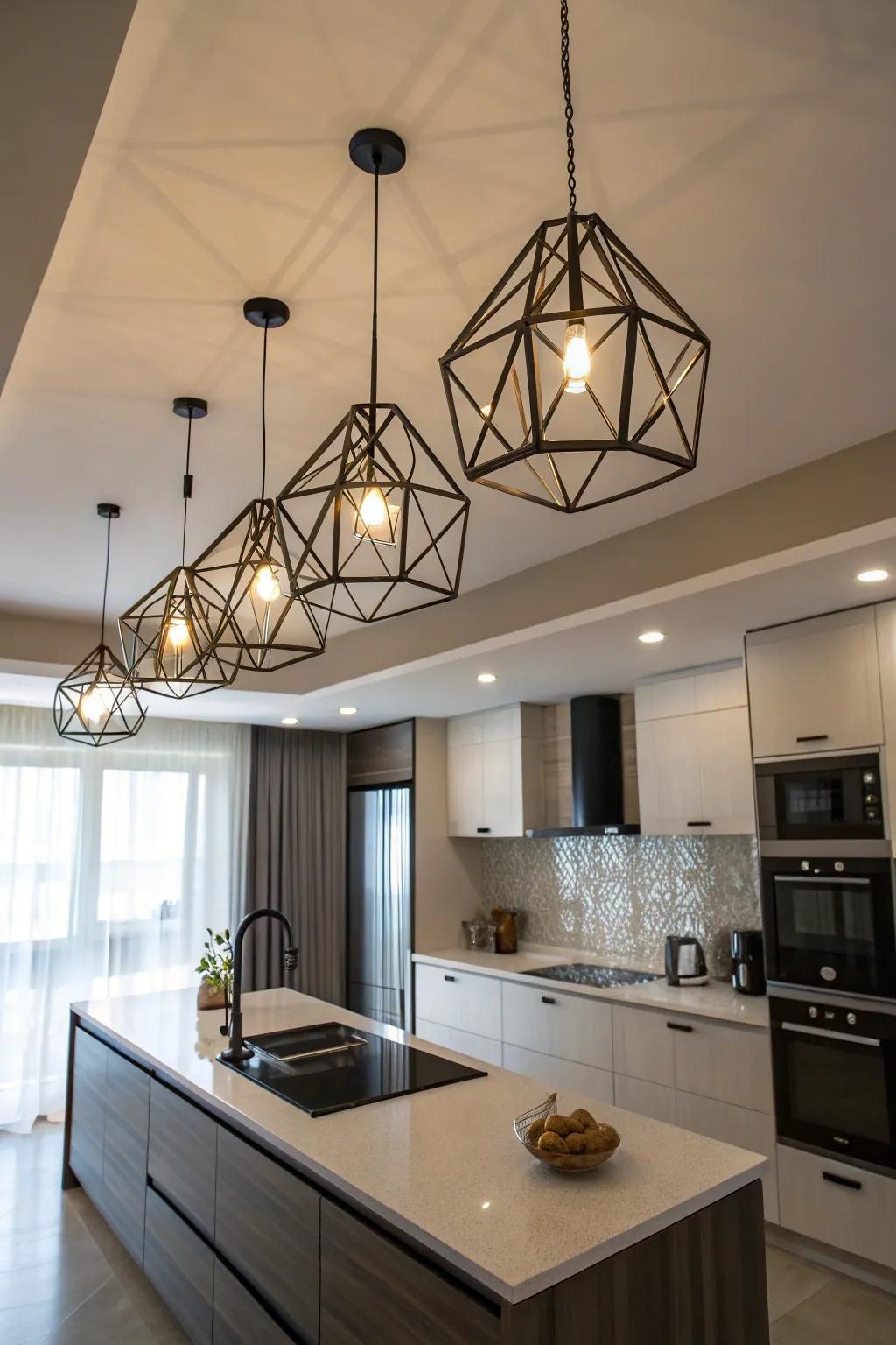 Geometric pendants add an edgy touch to this kitchen.