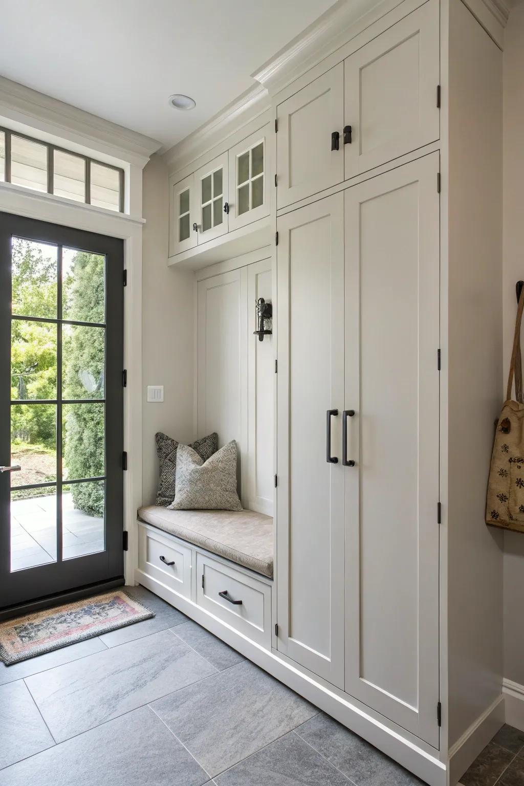 Integrated cabinetry provides hidden storage options.