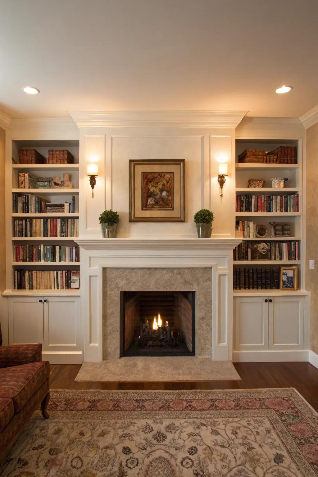 Symmetry surrounding a plasterboard hearth promotes balance.