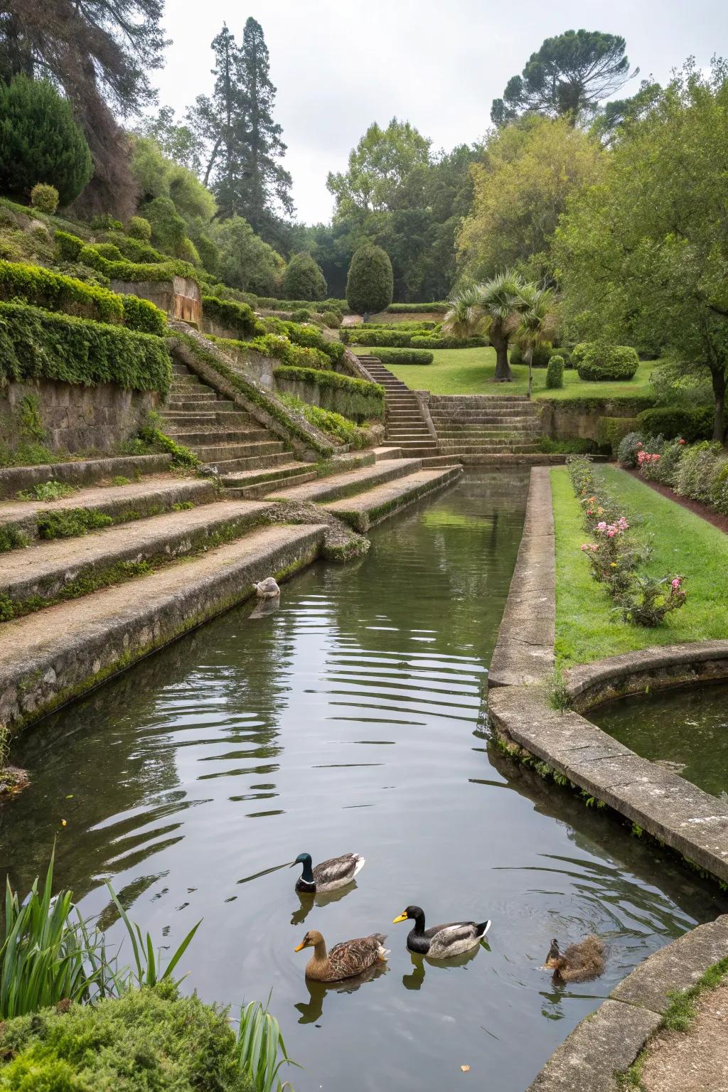 Terraced ponds provide an engaging environment for ducks to explore.