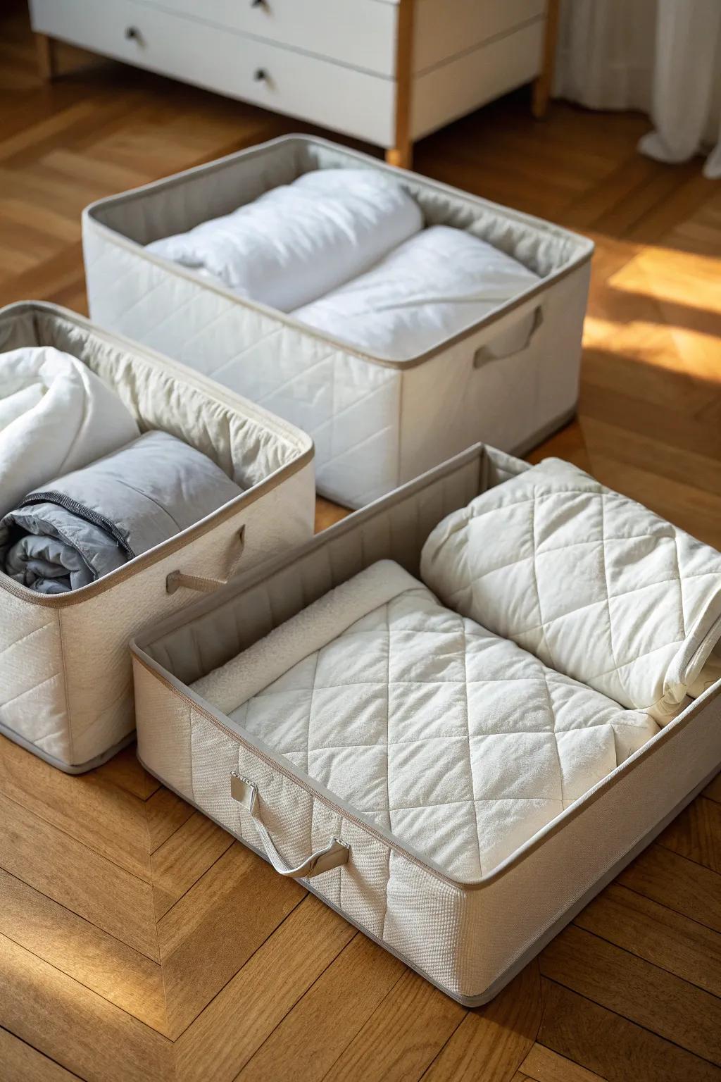 Under-bed storage bins are the quintessential solution for concealing yet providing convenient comforter access.